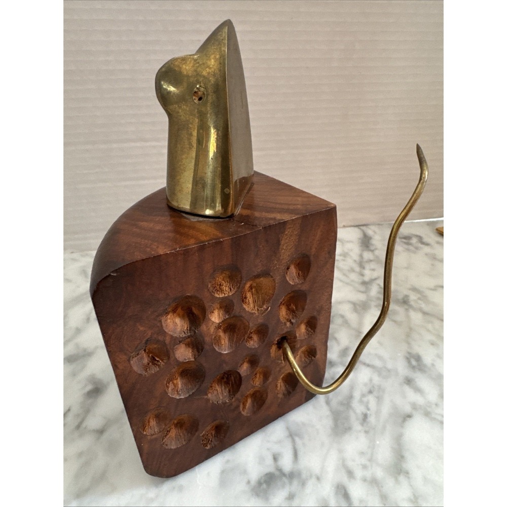 MCM Mouse In Cheese Wood And Brass Figurine Bookend Decor